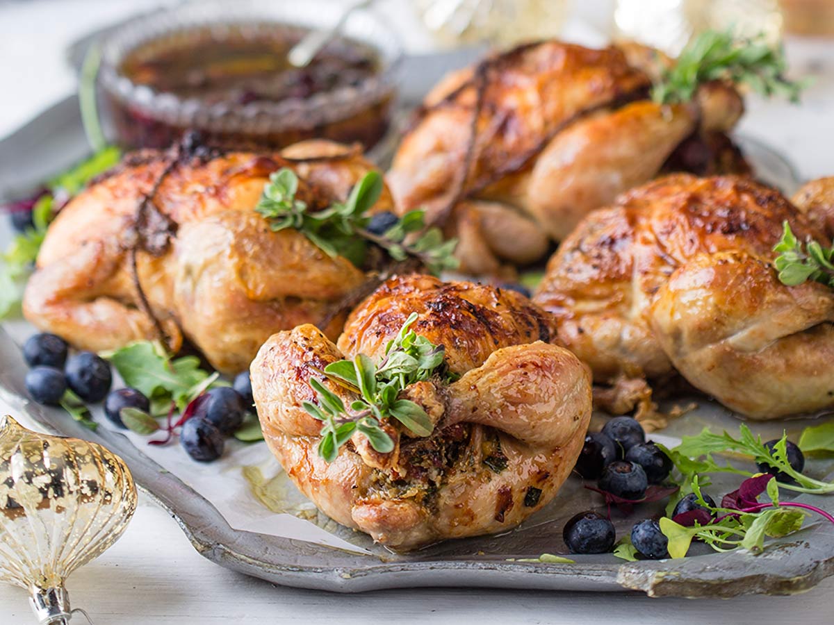 Low Carb : Roasted Petit Poussin with Cauli-rice Stuffing and Blueberry Sauce